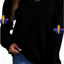 LLHXRUI Embroidery Sweatshirt for Women-Fat Tuesday Long Sleeve T Shirt Carnival Party Pullovers Tops (Large, Black-1)