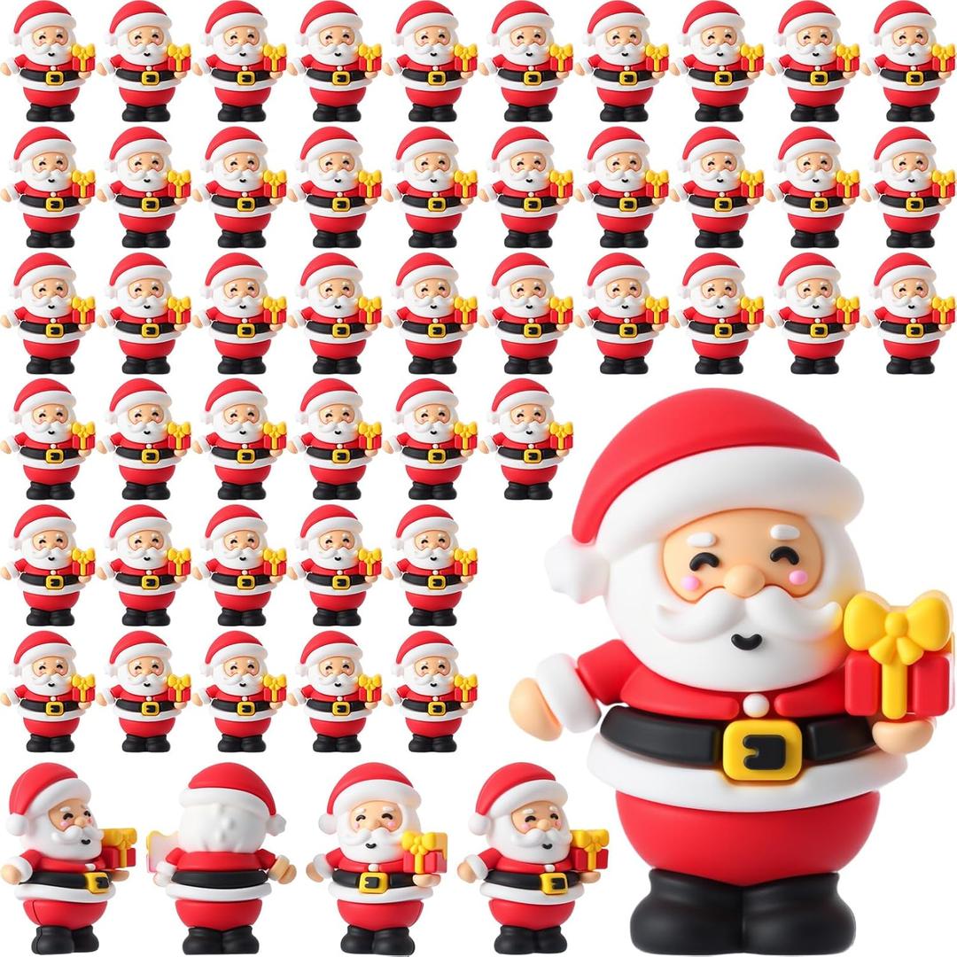 Chunful 50 Pcs Christmas Mini Santa Figurines Holding a Gift Tiny Santa Rubber Figure to Hide and Seek Small Classic Statue Xmas Party Supplies Gifts for Xmas Fairy Garden Home Table Decor
