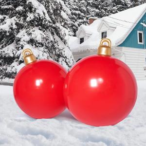 JOIEDOMI 2 Pcs Huge Inflatable Christmas Balls, 25 Inch Red Christmas Blow Ups Ornament Balls, Xmas Inflatable Decoration for Outside Xmas Decorations, Party Yard Garden Indoor Holiday Decor
