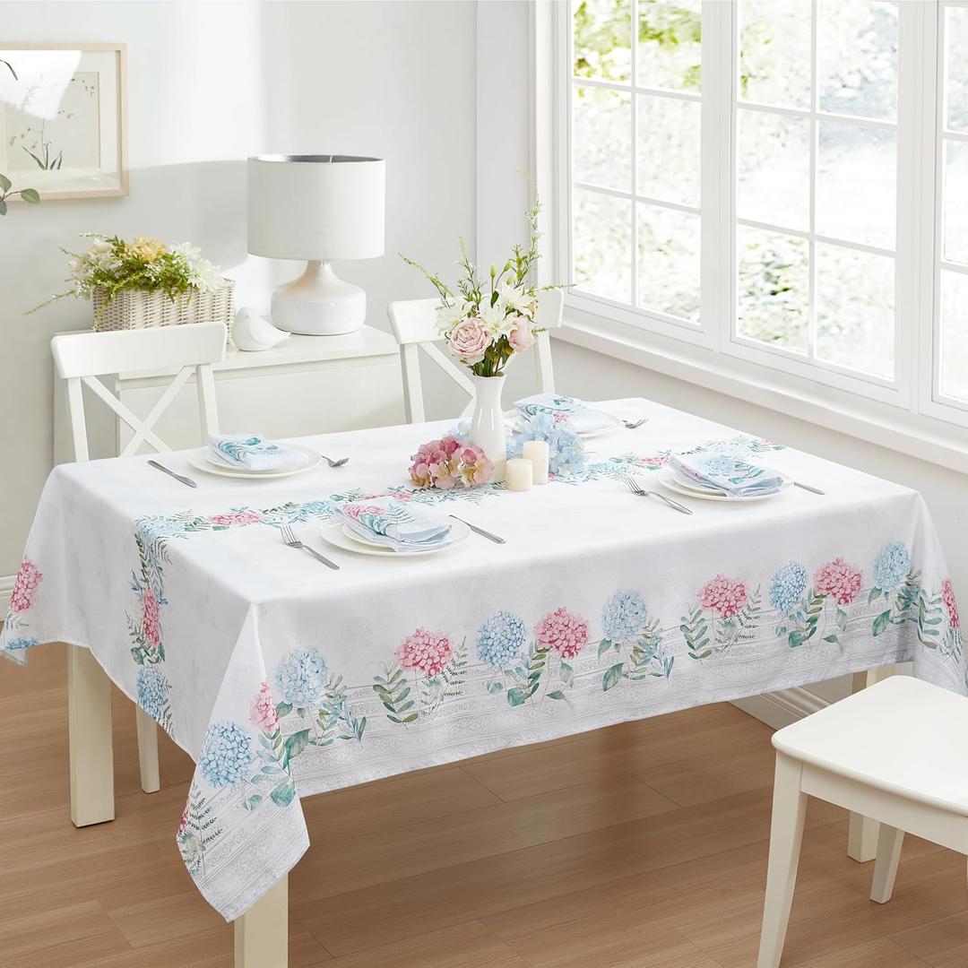 Newbridge Spring Blue and Pink Hydrangea Sketch Rectangle 60 x 120 Inch Fabric Tablecloth, Wrinkle and Stain Resistant Fabric Floral Table Cover, Indoor Outdoor Dining and Parties (Multi Color)