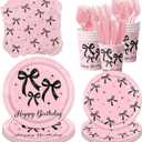 150 Pcs Pink and Black Bow Birthday Decorations,Coquette Themed Party Supplies,Black Bow Paper Plates,Napkins Cups for Coquette Baby Birthday Decor,Serves 25