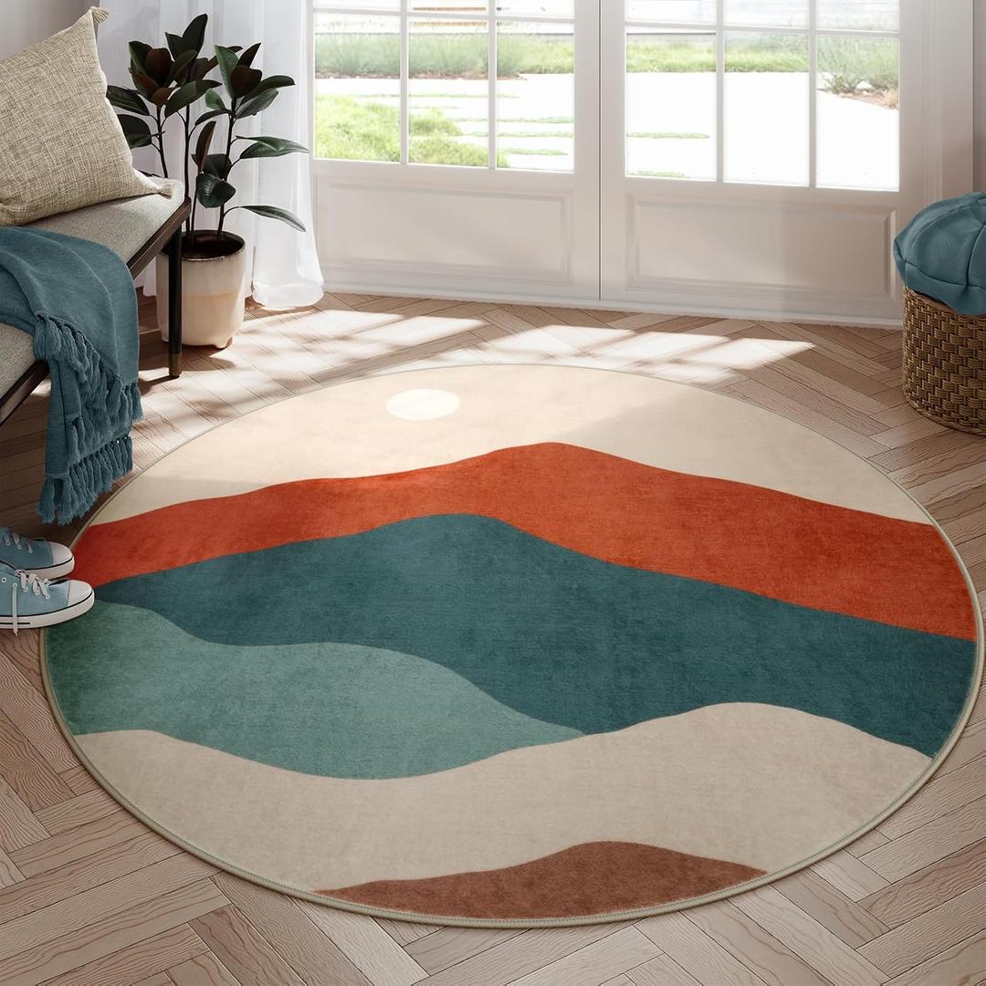 Mountain Round Rugs 6ft, Large Non Slip Circle Rug for Living Room Washable Boho Sunrise Sunset Bedroom Rug, Colorful Stain Resistant Round Carpet for Dining Room Nursery