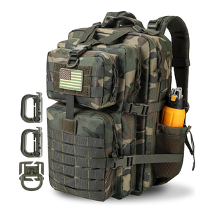 45L MOLLE Assault Pack, Tactical Backpack Military Army Camping Rucksack with Bottle Holder, 3-Day Pack Trip w/USA Flag Patch, D-Rings, Black Camo