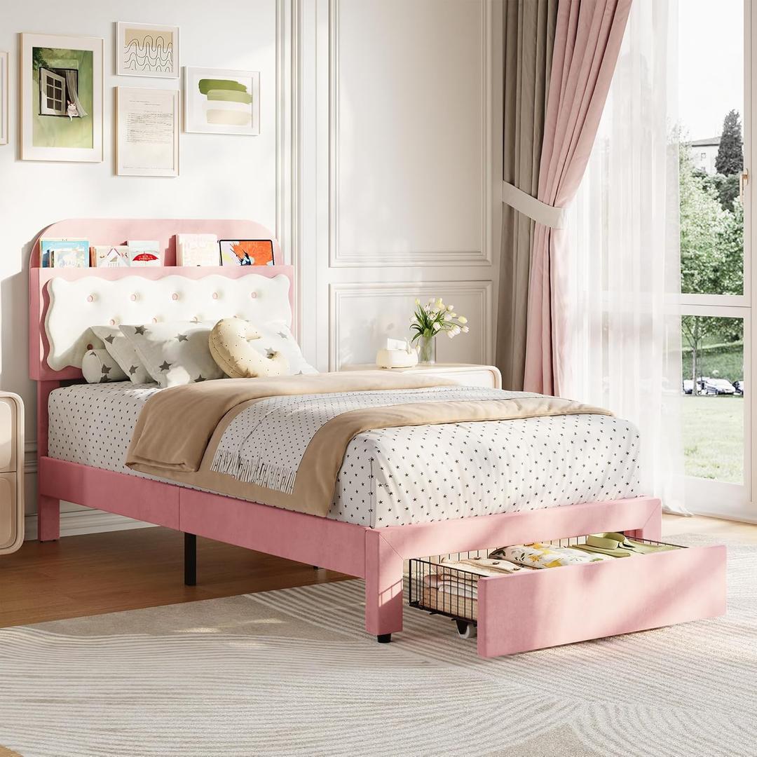 Garvee Twin Bed Frames, Velvet Upholstered Platform Bed with Biscuit Tufted Storage Headboard, Drawer, Sturdy Wood Slats, No Box Spring Needed, Easy Assembly Headboard Cubbies & 1 Drawer (Pink)