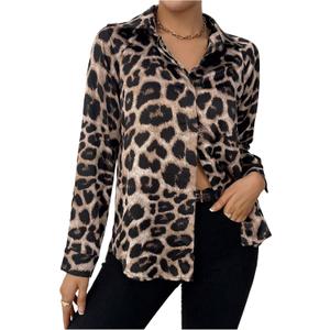 OYOANGLE Women's Leopard Print Long Sleeve Button Down Blouse Loose Trendy Collared Shirt Tops (M)