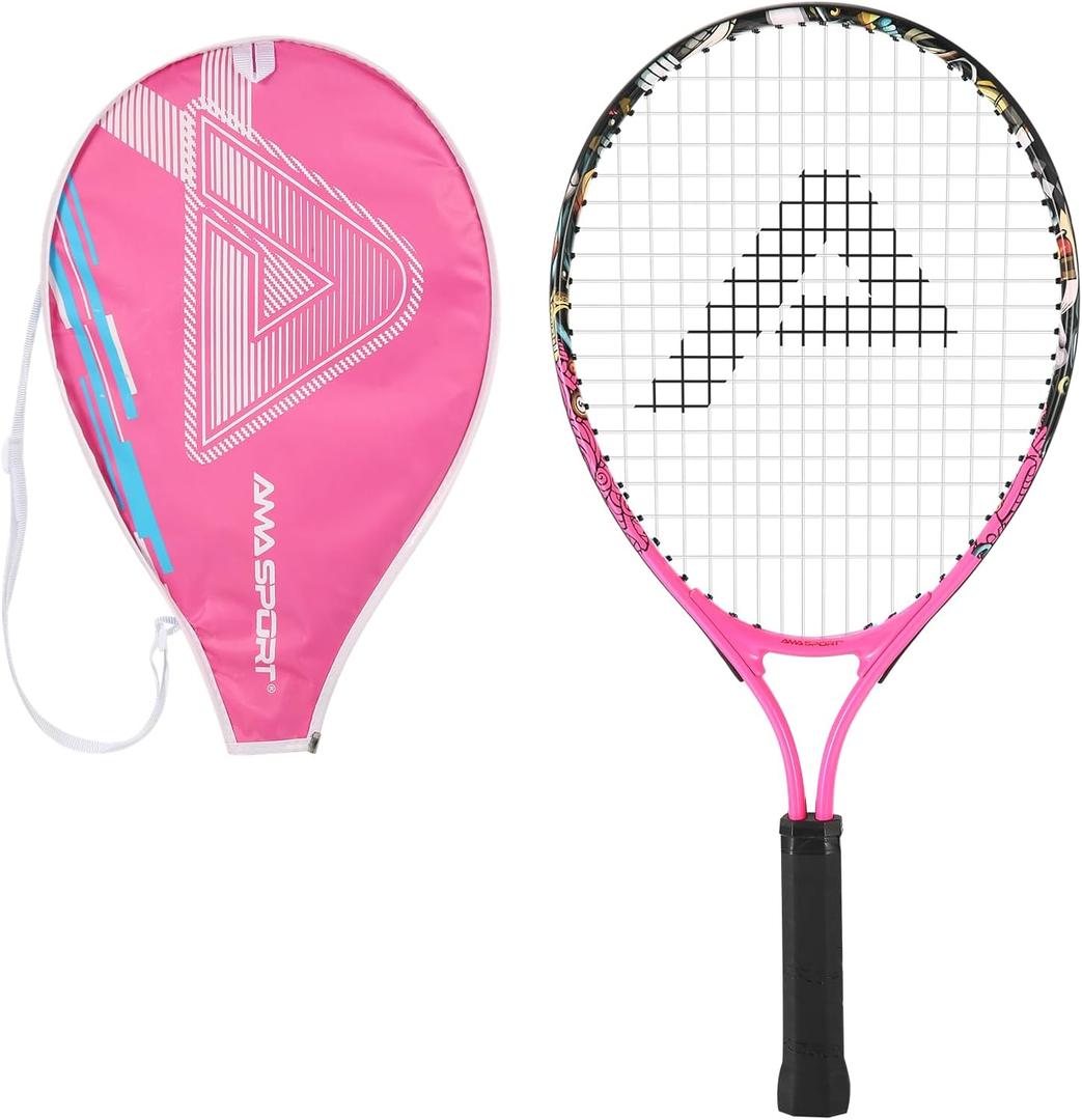 AMA SPORT Kids Tennis Racket for Junior Toddlers Starter Kit 17-25" Tennis Racquet for Girls and Boys with 420D Nylon Shoulder Strap Bag (23 inch, Graffiti Pink)