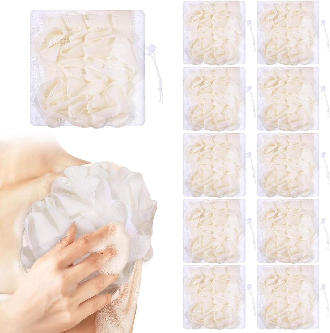 10 Pack Soap Bar Loofah, 2 in 1 Drawstring Bar Soap Loofah Pouch Exfoliation Mesh Shower Ball for Body Wash and Smooth Skin (Beige, White)