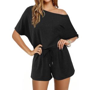 Hilinker Womens Sexy Pajama Set Off Shoulder Top and Shorts Lounge Sets Summer 2 Piece Outfits Black Small (Black, S)