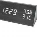 Lancoon Wooden Alarm Clock, Time Date Temperature and Humidity Display 12/24H Sound Activation 3 Alarm Settings Adjustable Brightness for Home Bedroom Office Travel (2) Black & White)