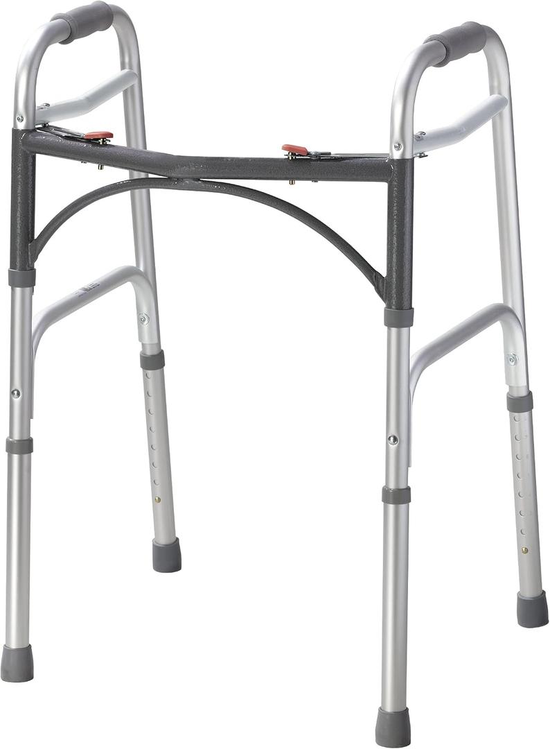 Drive Medical 2-Button Standard Foldable Walker for Seniors & Adults - Adjustable Legs - Lightweight Aluminum Construction - 350 Lb Weight Capacity - Basic Walking Aid - Silver