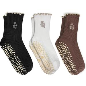 3 Pairs Cute Pilates Grip Socks for Women, Ruffle Yoga Non Slip Barre Socks for Workout & Dance