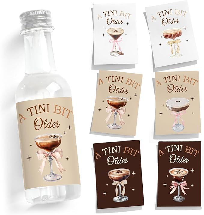 Clabby 48 Pcs a Tini Bit Older Birthday Espresso Martini Label Mini Liquor Bottle Sticker a Tini Bit Older Party Decoration Label Cup Stickers for Birthday Bachelorette Party Decoration(Espresso)