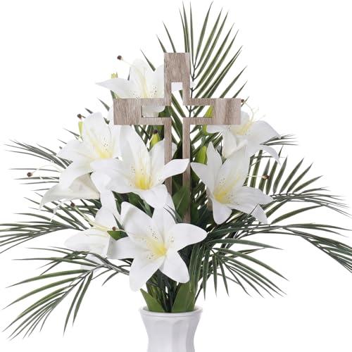 Rivvlive 21 Pcs Easter Palm Sunday Decoration, Artificial Branches Fake Lilies with Wood Crosses, Christian Large Faux Palm Sunday Leaves Flowers for Easter Church Arrangement Party Decoration