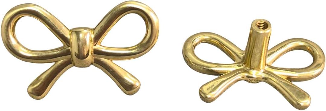 2 Pack Solid Brass Bow Drawer Knobs, Gold Bow Knobs for Kitchen Cabinet Hardware, Vintage Vanity Dresser Pulls, Nursery Kids Bedroom Creative Tie Decorative Handles (Brass Bow)