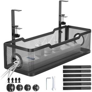 Under Desk Cable Management Tray Black, Cinati Wire Organizers No Drill, Cable Tray with Clamp for Wire Management, Cord Organization Box for Office, Home - No Damage to Desk