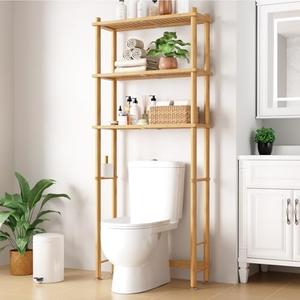 Kitsure 3-Tier Bamboo Over The Toilet Storage Cabinet, Bathroom Organizer and Above Toilet Shelf with Paper Holder, Freestanding Space Saving Rack with Wall Anchor, Natural (63” H)