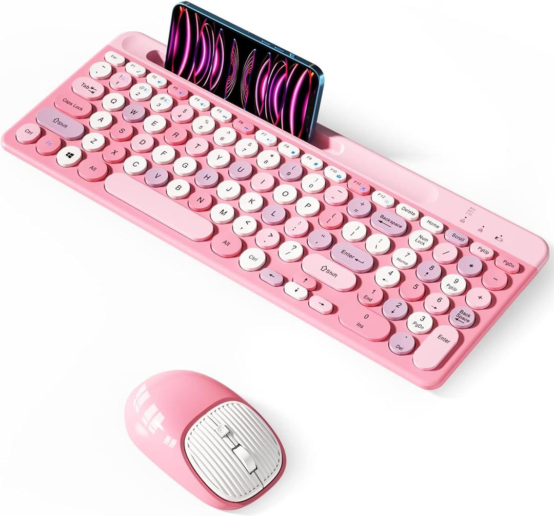 Bluetooth Keyboard and Mouse Wireless, MultiDevice Rechargeable Keyboard and Mouse Combo with Phone Holder (Bluetooth 5.0+3.0+2.4GHz) Quiet Ergonomic Compatible with Mac/Windows/iOS/Android