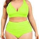 Womens Plus Size Swimsuit Two Piece Tummy Control Bathing Suits High Waisted Plus Size Bikini Swimwear Neon Yellow 18 Plus