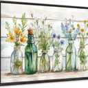 Green Bathroom Canvas Wall Art, Vintage Rustic Farmhouse Botanical Wall Decor, Glass Bottle Watercolor Floral Painting, Sage Green Plant Picture for Bathroom Laundry Room Decor 16x24 inch Frame