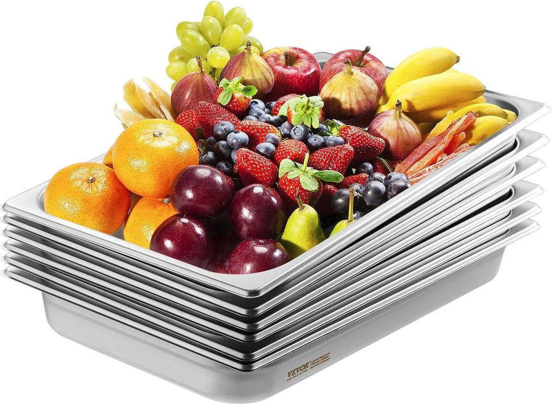 VEVOR 6 Pack Stainless Steel Hotel Pans,2.5-Inch Deep 0.8mm Thick Commercial Food Pans, Anti-Jam Catering Food Storage Metal Pan for Steam Tables, Food Warmer,20.8 x 13 x 2.5inch