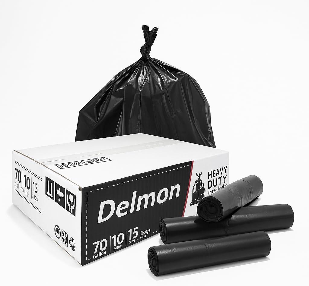 Delmon Trash Bags - 150 Bags / 10 Rolls Carton - 70 Gallons - Thick and Heavy Duty Trash Bag for Commercial, Home & Kitchen Use,Fits Toter Curbside Bins - W 43, L 48, Thickness 0.87MIL
