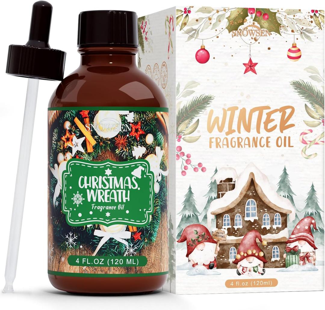 Christmas Wreath Fragrance Oil 4 Fl Oz, Undiluted Winter Essential Oil with Glass Dropper for Diffuser, Humidifier, House Cleaning,Spray,Soap Making,Candle Making,Yoga,Long Lasting Scents