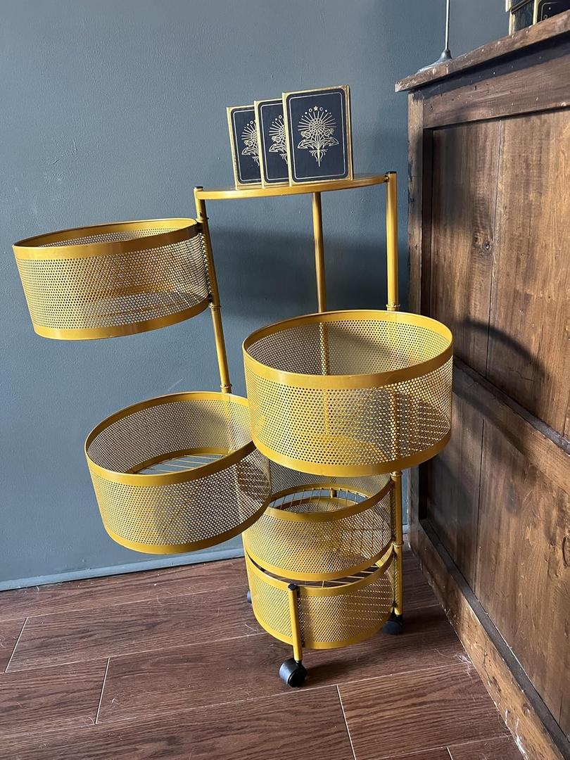 5 Tier Rotating Storage No Assembly Kitchen Cart Organizer Metal Vegetable Fruit Basket Rotating Shelves for Kitchen Dorm Office Bathroom Matte Mustard Golden Yellow Lightweight