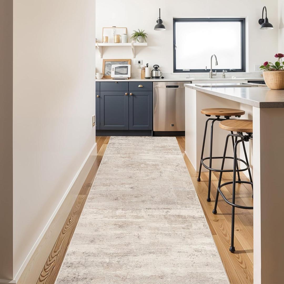 3x10 Washable Hallway Runner Rug - Indoor Modren Abstract Kitchen Carpet with Non Slip Backing Home Decor Long Rugs for Bedroom Laundry Entryway Ultra Soft Floor Mat for Bathroom 3x10 Beige