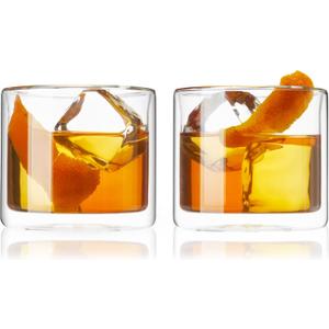 Viski Double Walled Old Fashioned Glasses - Insulated Borosilicate Glass Tumblers - Glass Cups for Bourbon, Whiskey, Scotch, Brandy, and Cocktails - 7 oz, Set of 2