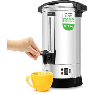 NutriChef Water Boiler and Hot Water Dispenser, 8L Electric Beverage Dispenser with Safety Lock Lid, Non-Drip Tap, Warm Function, Food Grade Stainless Steel, Home & Commercial Use, 19"x9"x9", Silver