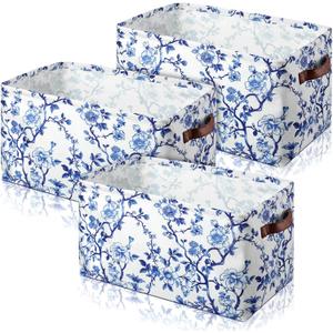 Novabright Large Blue and White Basket Set of 3 Chinoiserie Canvas Storage Baskets with Carrying Handle Vintage Floral Toile Foldable Bin for Shelf Nursery Closet Clothe Book, 15 x 10 x 9.5 Inches