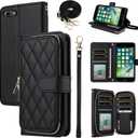 Argyle Wallet Case for iPhone 7/8/SE 2020/2022 with Wrist Strap Shoulder Strap Card Slot Phone Cover for iPhone7 iPhone8 7s 8s i SE2020 SE2022 2/2nd/3/3rd Generation SE2 SE3 7SE 8SE Black