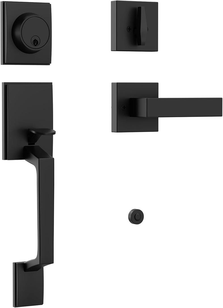 Front Door Lock Handle and Deadbolt Set, Matte Black Exterior Door Handle with Deadbolt Lock, Heavy Duty Modern Black Door Handle, Reversible for Right & Left