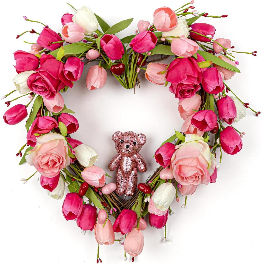 18 Inches Valentines Wreaths for Front Door Romantic Valentine Heart Wreath with Red White Pink Tulip Rose Valentine Flower Wreath for Window Wall Porch Indoor Outdoor Hanging