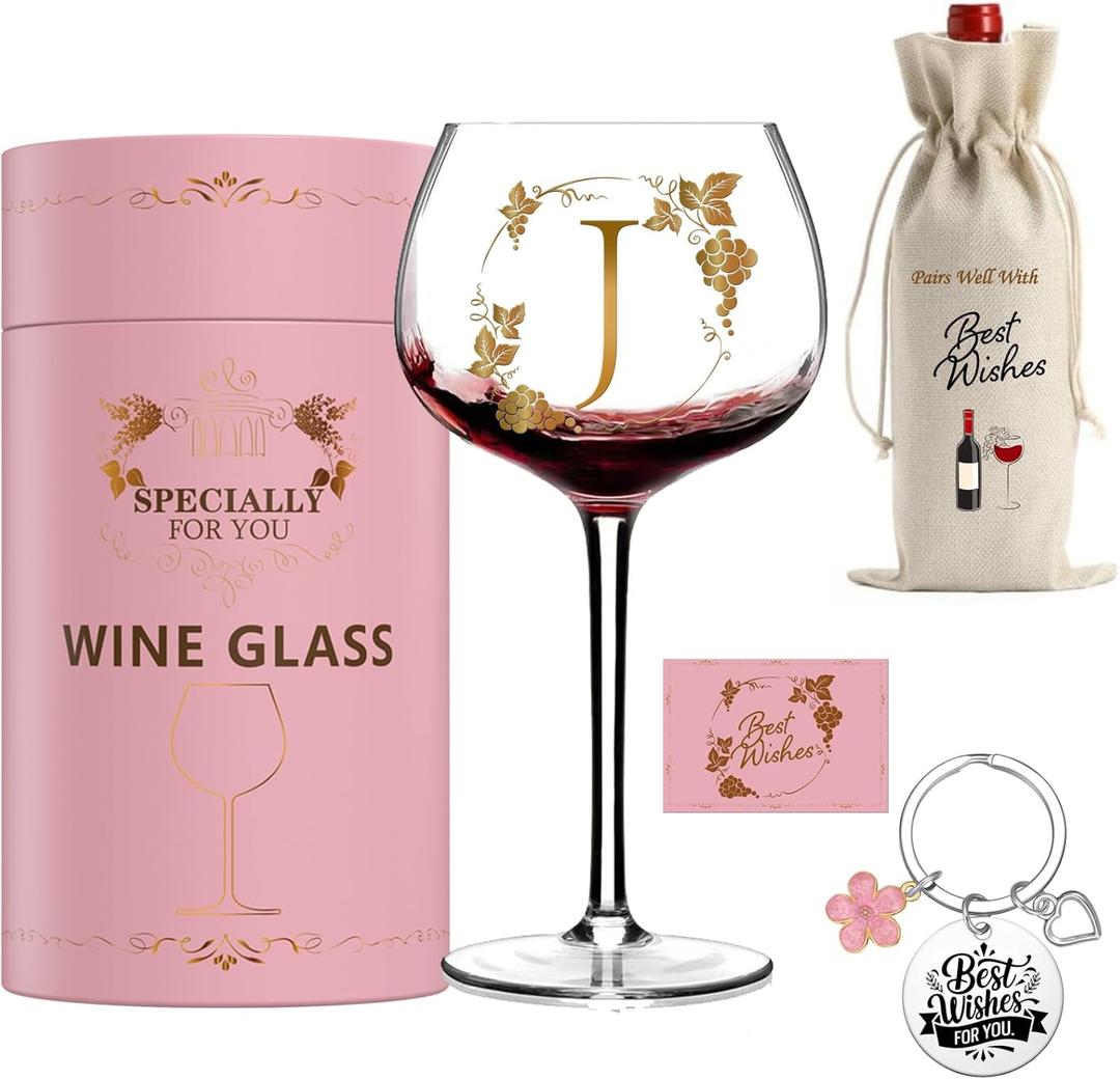 Wine Glasses Gifts for Women Alphabet A-Z, Cool Personalized Gold Monogrammed 'J' Red Wine Glass Set, Pink Gift Package with Goblet, Wine Bag, Key Chain, and Card for Woman