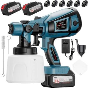 Paint Sprayer, 650W Cordless with 2 X 4000mAh 21V Battery, All Copper Motor 6 Nozzles & 3 Spray Modes, 1400ml Container, Paint Sprayer for House Painting, Ideal for Fence Cabinets Wall (Blue)
