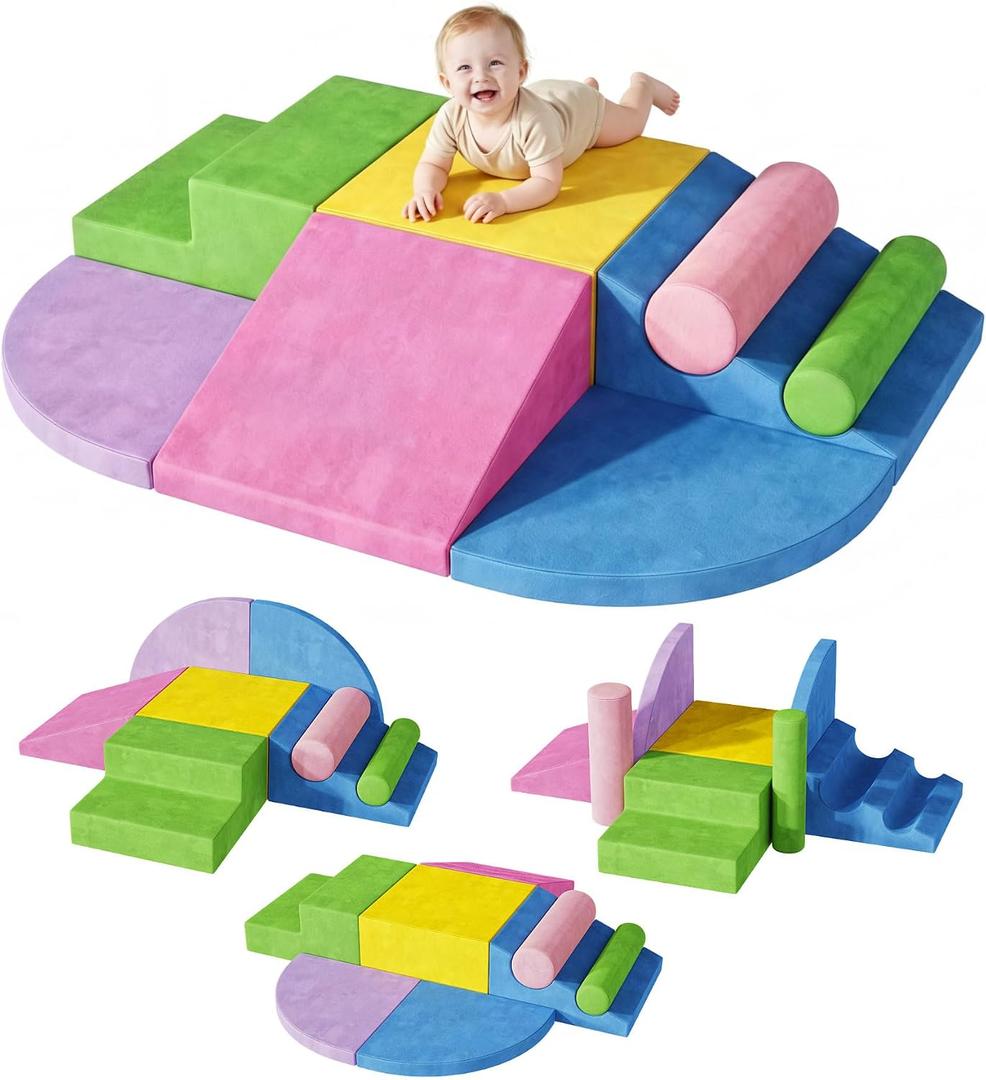 Teckid Toddler Climbing Toys 8-Piece Indoor Soft Foam Blocks Set, Safe Crawling, Climbing and Sliding Play Gym for Kids, Baby Climbing Playset