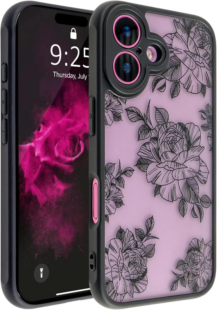Compatible with iPhone 16 Case, [Cute Floral Flower Design] Black Soft TPU Bumper Hard PC Back Slim Shockproof Protective Aesthetic Translucent Matte Case Cover for iPhone 16, 6.1inch (Flower)