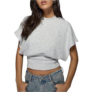 Women's Y2K Dolman Sleeve Tops Cinched Waist Going Out Tops Cap Sleeve Crop Shirt Casual Fall Spring Summer Shirt (Blue)