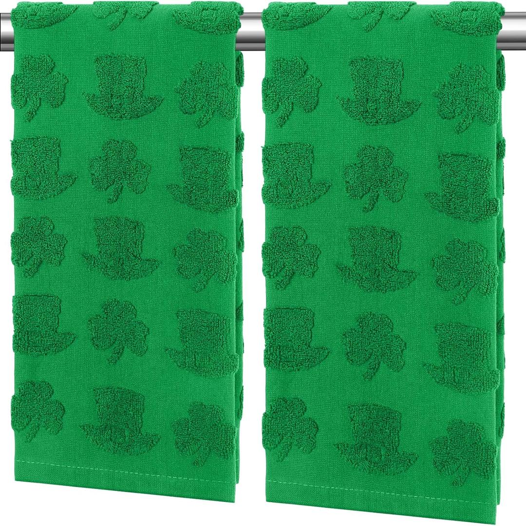 2 Pcs St. Patrick's Day Jacquard Hand Towels Cotton Decorative Leprechauns Green Hat Shamrocks Clover Bath Towels for Holiday Bathroom Kitchen Decor, 13.8 x 29.5 Inches