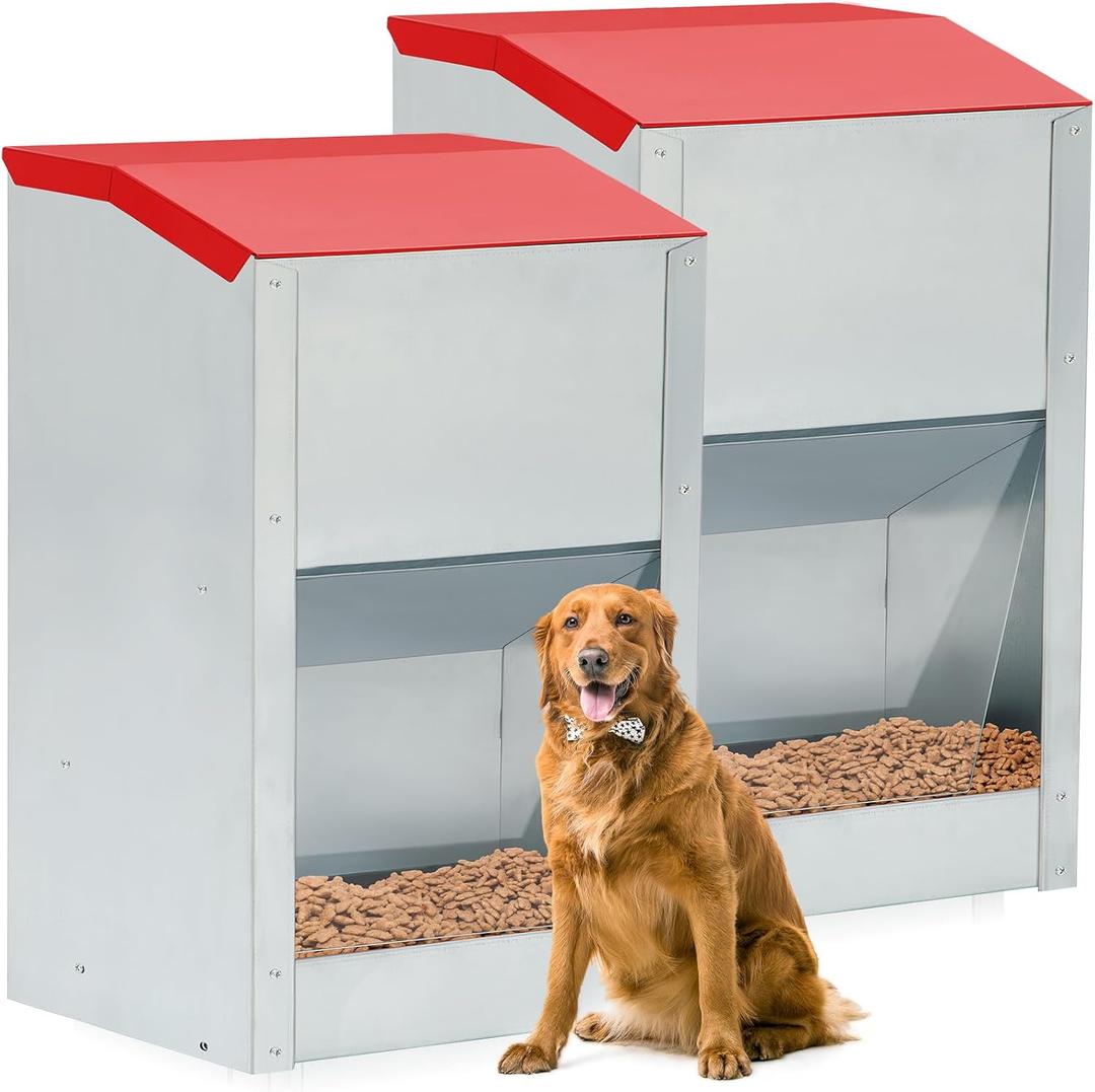 2 Pcs 50 Lbs Large Automatic Dog Feeders with Handle Acrylic Panel Galvanized Gravity Feeder Outdoor Hanging for Doggie Breed Dog Food Dispenser Container(Red)
