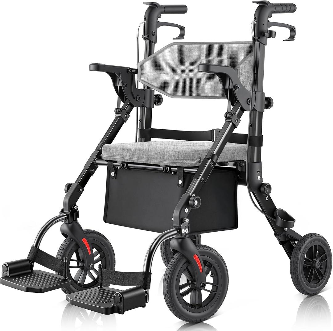 Walkers for Seniors with Seat, Walker Wheelchair Combo, 2 in 1 Rolling Walker Transport Wheelchair Lightweight Foldable, 10" Big Wheels Transport Chair with Brakes,Grey