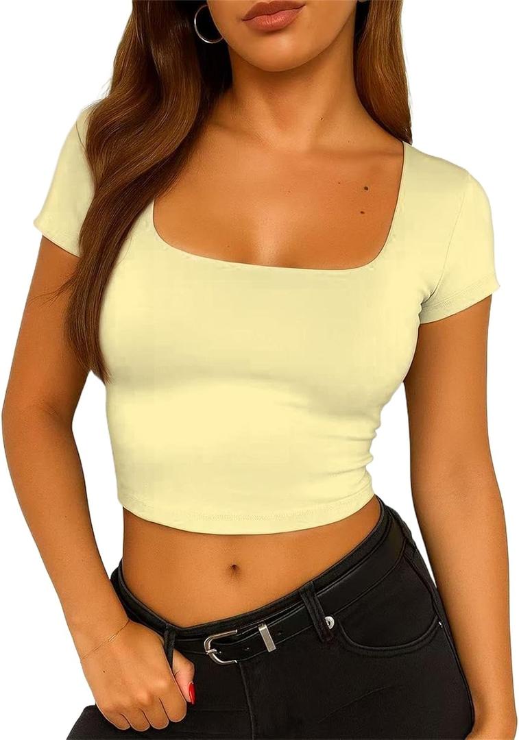 ForeFair Womens Square Neck Going Out Crop Tops Double Lined Tshirts Summer Short Sleeve Tight Tees (Yellow, S)
