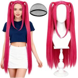 Hot Pink Long Straight Wig with 2 Ponytails for Halloween Costume Cosplay Party, Long Hair with Wig Cap Synthetic Hair for Adults Women Halloween Costume Party Supplies