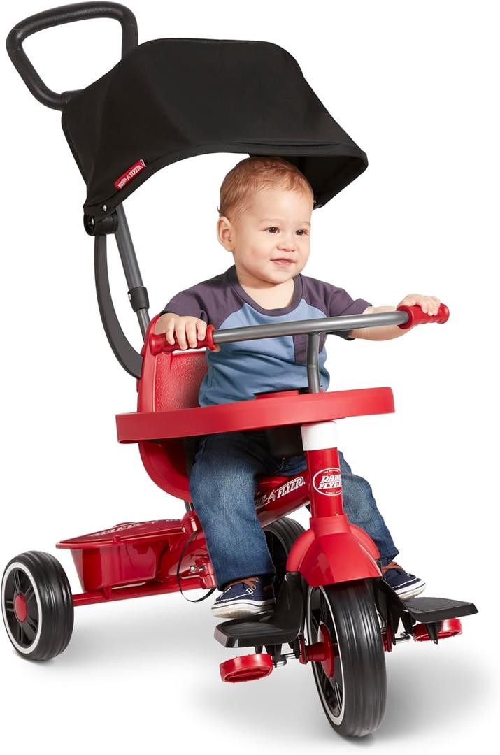 Radio Flyer Pedal & Push 4-in-1 Stroll ' N Trike, Red Tricycle, for Toddlers Ages 1-5, Toddler Bike