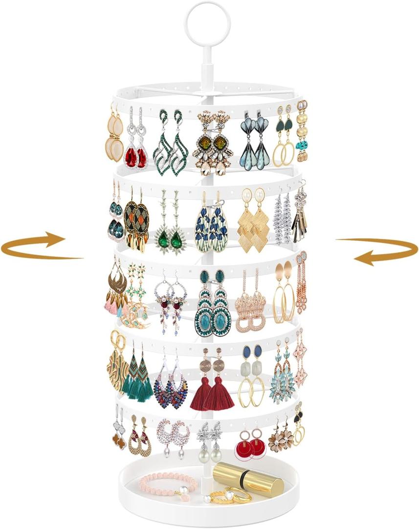 MODOWEY 5 Tier Rotating Earring Holder Organizer, Adjustable Display Tree with Metal Tray, 220 Holes Jewelry Rack for Pierced Stud Hoop Dangle, Large Capacity Space-Saving Stand for Women (White)