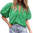 Summer Eyelet Tops for Women Embroidered Button Down Shirt Hollow Out Half Puff Sleeve Blouse (Small, Green)