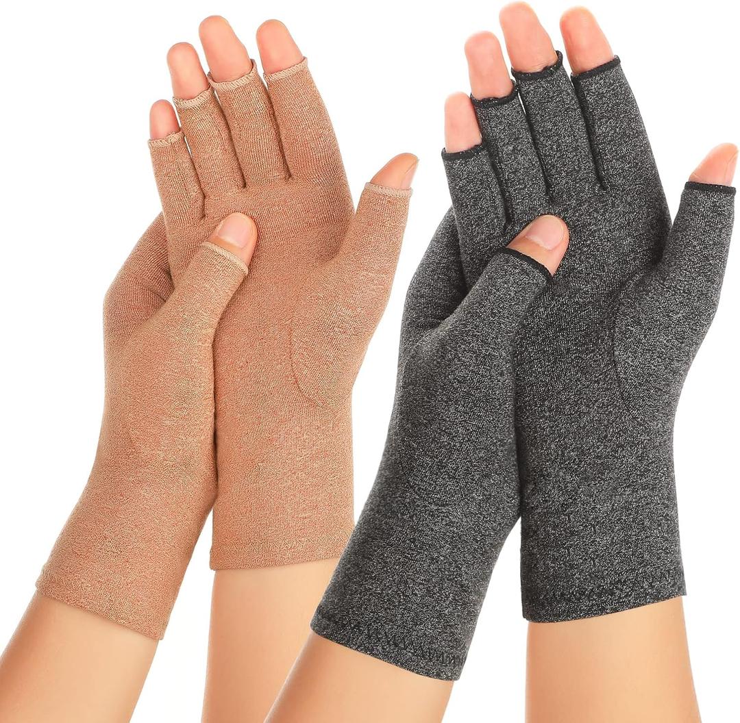 2 Pairs Arthritis Compression Gloves for Women Men, Carpal Tunnel Pain Relief, Fingerless for Typing Both Hands (Large, Brown1+grey1)