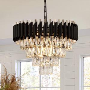 AXILIXI Modern Crystal Chandelier - 20" Crystal Ceiling Pendant Light 4 Tier Raindrop Flush Mount Chandelier in Black and Gold for Entryway, Foyer, Dining Room