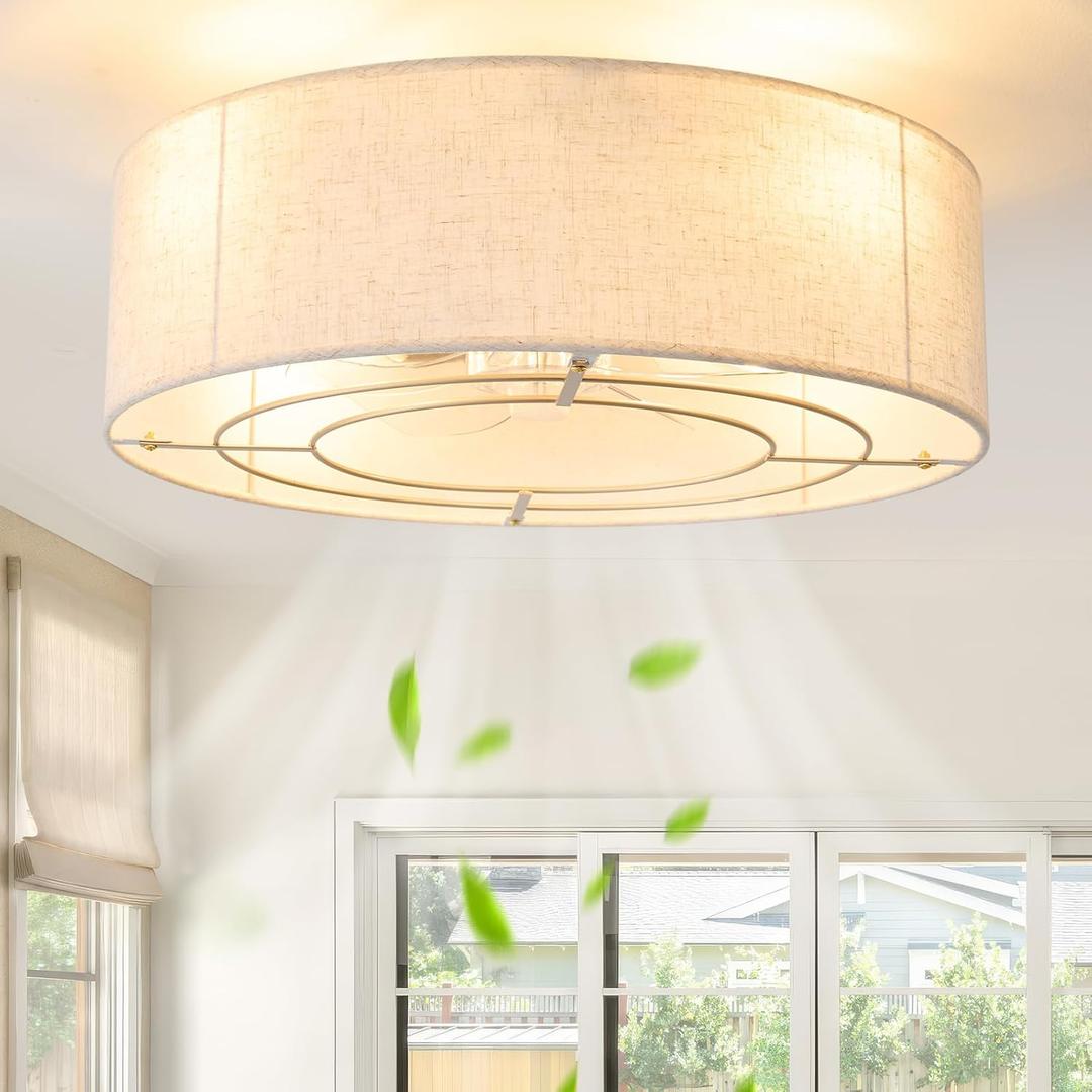 20" Boho Ceiling Fans with Lights and Remote, Bohemian Caged Ceiling Fan with Light, Enclosed Fabric 6 Speeds for Bedroom, Living Room, Nursery (Beige)